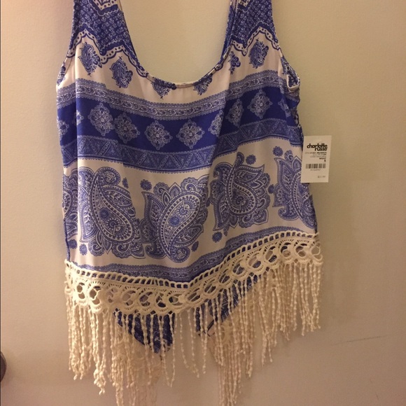 Blue and white fringe tank top - Picture 2 of 3
