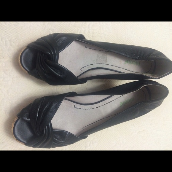 Nicole cork black leather wedges