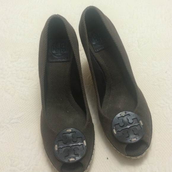 Tory Burch chocolate brown espadrille wedges.