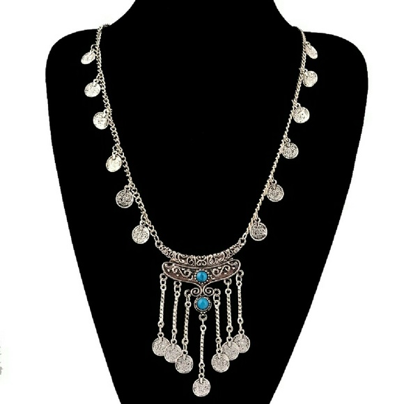 New-Beautiful Boho long tassel coin necklace, antique silver