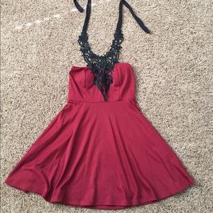 Dark Red halter neck party dress