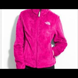 Pink furry hoodless north face jacket
