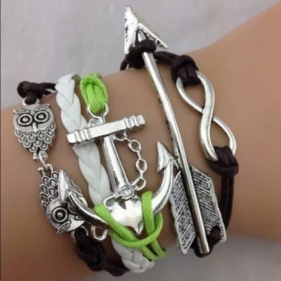 NEW! OWL, ANCHOR, GREEN & BLACK INFINITY BRACELET - Picture 1 of 3