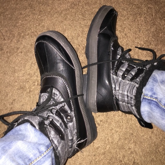 WORN Grey and Black plaid boots