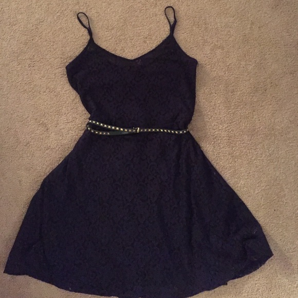 Navy blue flared-skirt lace dress
