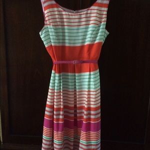 Sleeveless fit & flare striped dress w/ pink belt