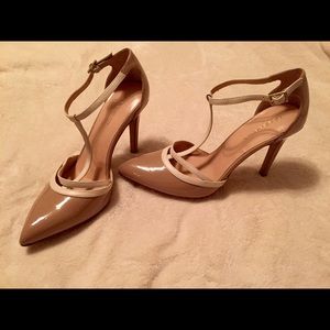 BCBGeneration T-Strap Tan and Cream Heels
