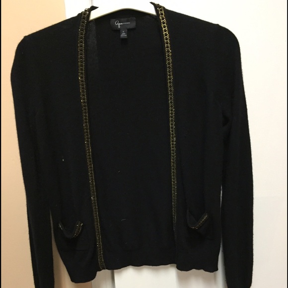 Aqua cashmere open cardigan, gold embellishment