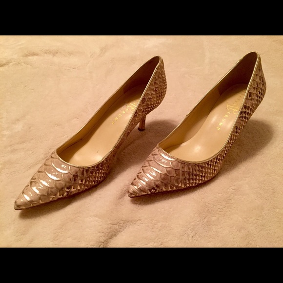 Ivanka Trump Blush and Gold Snakeskin Kitten Heels