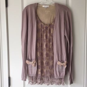 Cabi lace, cotton, & velvet top & sweater set