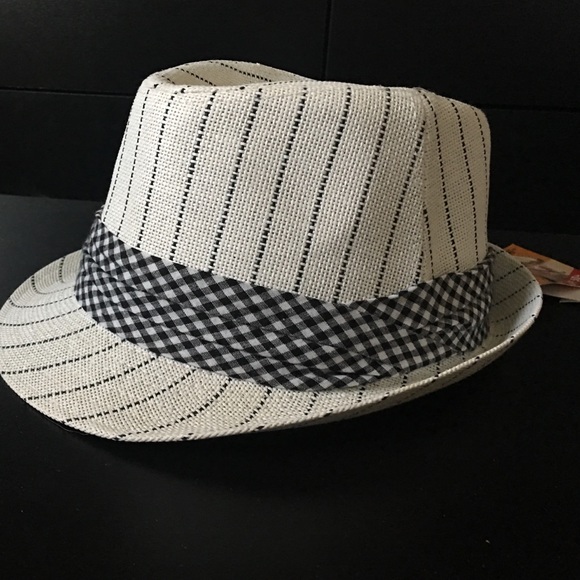 Women's white stripe black gingham trim fedora hat