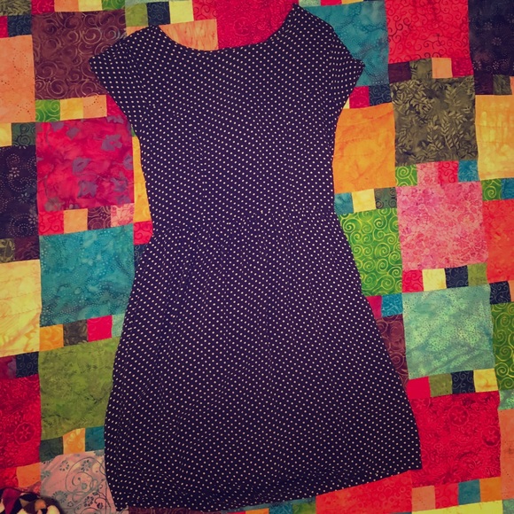 Navy dress with white polka dots