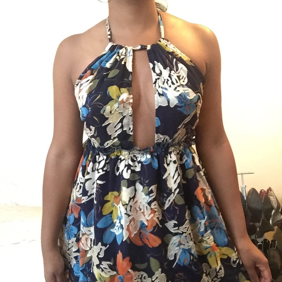 Floral Plunging Halter Dress - Blue, Size Medium