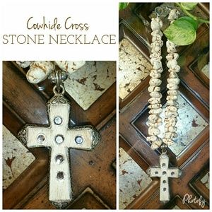 Calfhair Cross Bling Nugget Stone Howlite Necklace Calfhair Cross Bling Nugget Stone Howlite Necklace