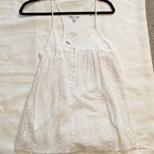 White BR spaghetti strap top with lace overlay