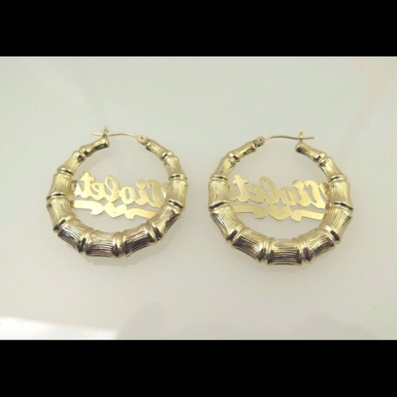 14k Two Tone Gold Bamboo Hoop Name Plate Earrings - Picture 2 of 2