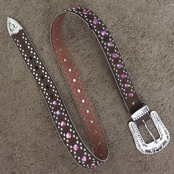 Brown leather,pink and silver bling belt