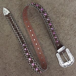 Brown leather,pink and silver bling belt