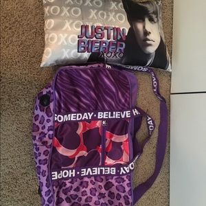 Justin Bieber pillow and duffle bag