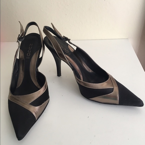 Hugo Boss black/rose gold sateen heeled sandals