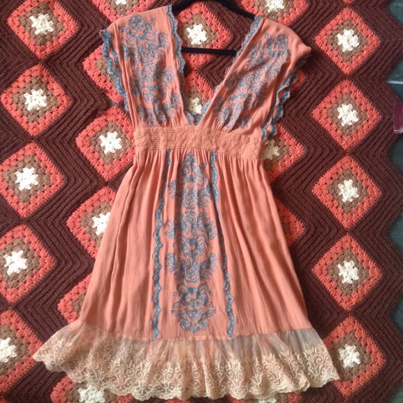 Peach with turquoise embroidery work, Boho Dress ❁