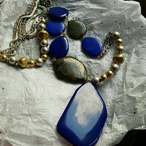 SOLD-BLUE & SILVER POLISHED STONE NECKLACE