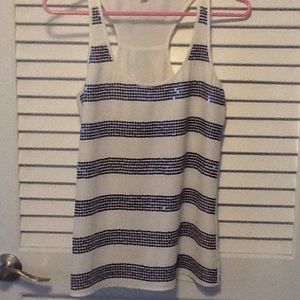 White and blue striped sequin tank
