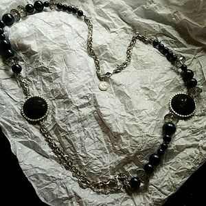 SOLD-NAVY PEARLIZED BEADS AND SILVER CHAINS