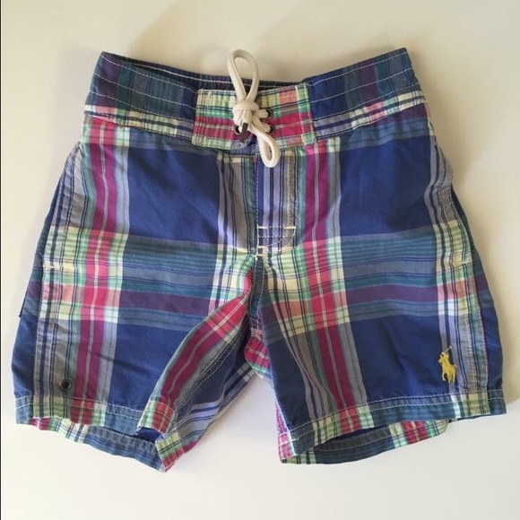 RL plaid swim trunks 3T