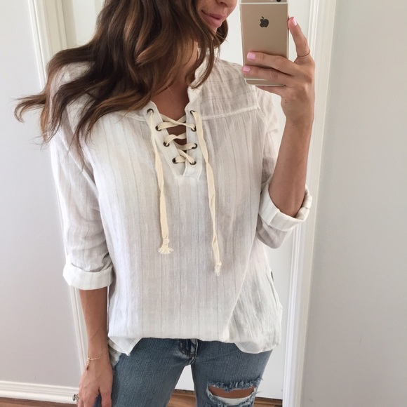 💗SOLD OUT • Ivory Linen Stripe Lace Up Top - Picture 2 of 4