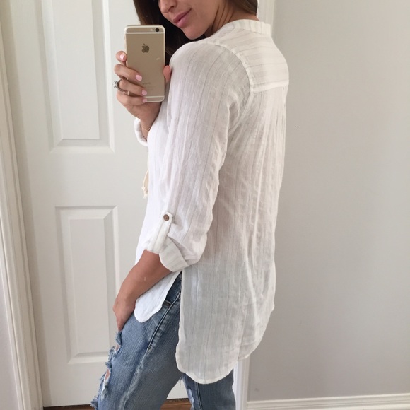 💗SOLD OUT • Ivory Linen Stripe Lace Up Top - Picture 3 of 4