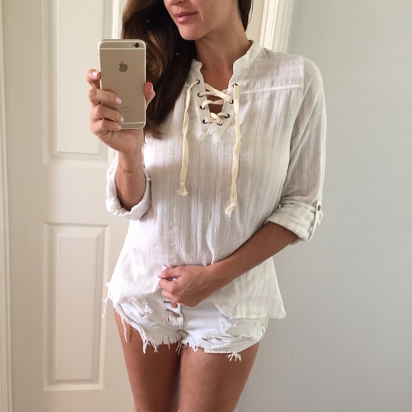 💗SOLD OUT • Ivory Linen Stripe Lace Up Top - Picture 4 of 4