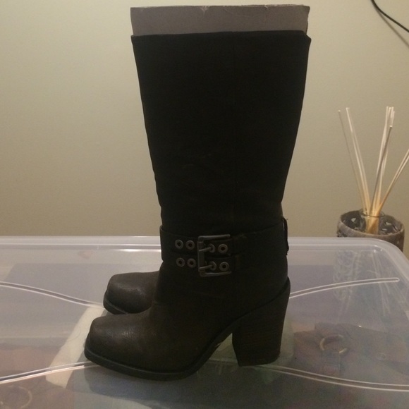 Brown block heel boots