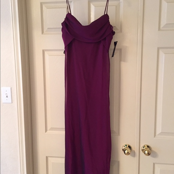 Plum colored formal dress.