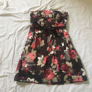 Brown and pink floral print strapless dress