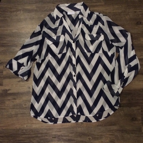 Navy and White Chevron Print Button Down Top