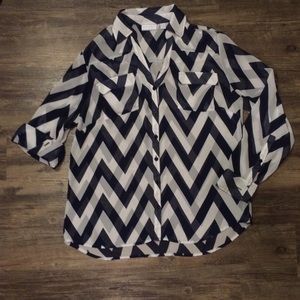 Navy and White Chevron Print Button Down Top