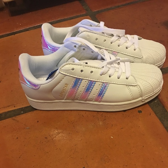 Brand new iridescent striped Adidas Superstsrs