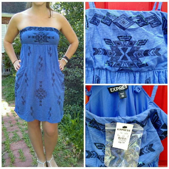 NWT Express XS blue embroidered strapless dress