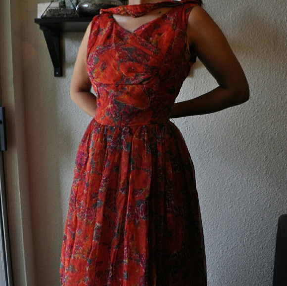 Vintage floral red gossamer dress - Picture 1 of 2