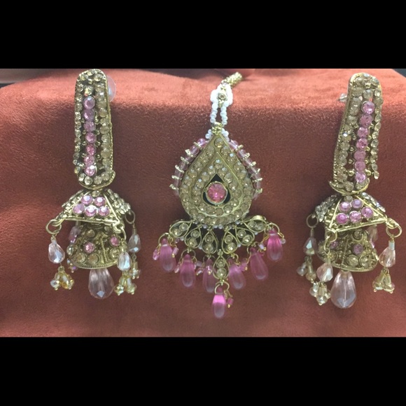 Pink and gold Earrings with headpiece