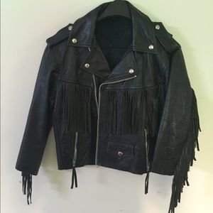 Vintage Black Leather Fringe Moto Jacket