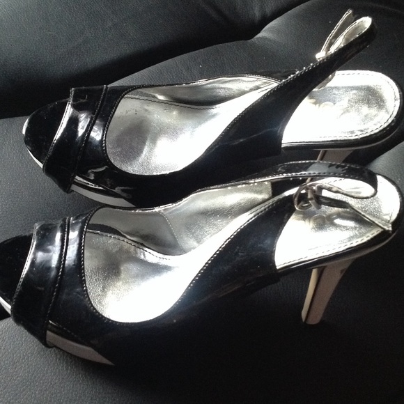 Black and white patent sling back high heel