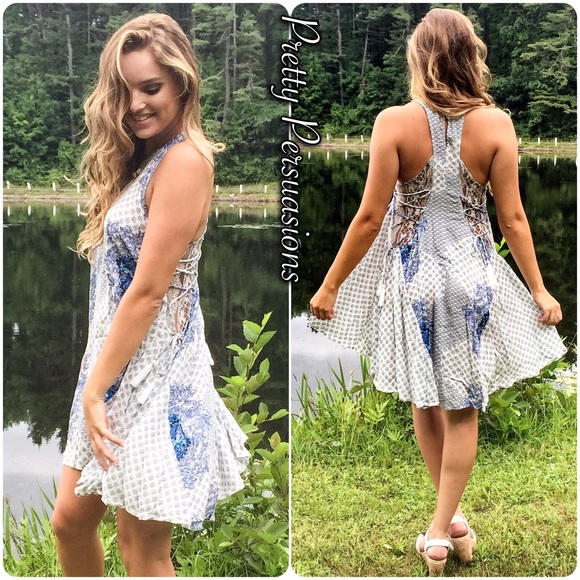 NWT Blue & White Lace Trim Swing Dress - Picture 2 of 7