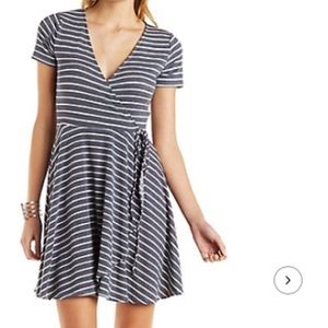 Striped Faux Surplice Tie Skater Dress
