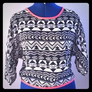 Black, White, & Neon Pink/Orange Patterned Top