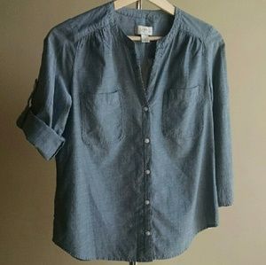 LOFT Button Down Chambray Roll Sleeve Blouse