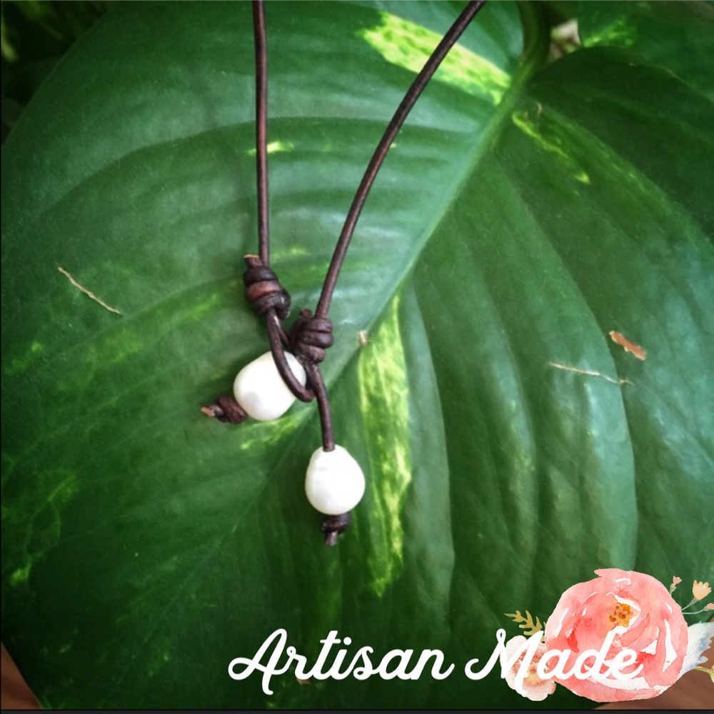 NEW Pearl Leather Choker Boho Necklace - Picture 2 of 8