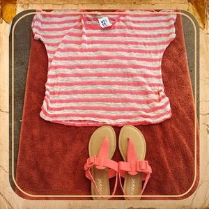 Coral Sandals & a Short sleeve Coral/Creme Blouse