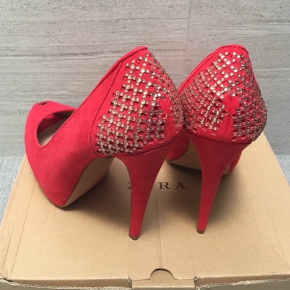 New Zara hot pink/ red peep toe heels size 37/6.5 - Picture 2 of 4